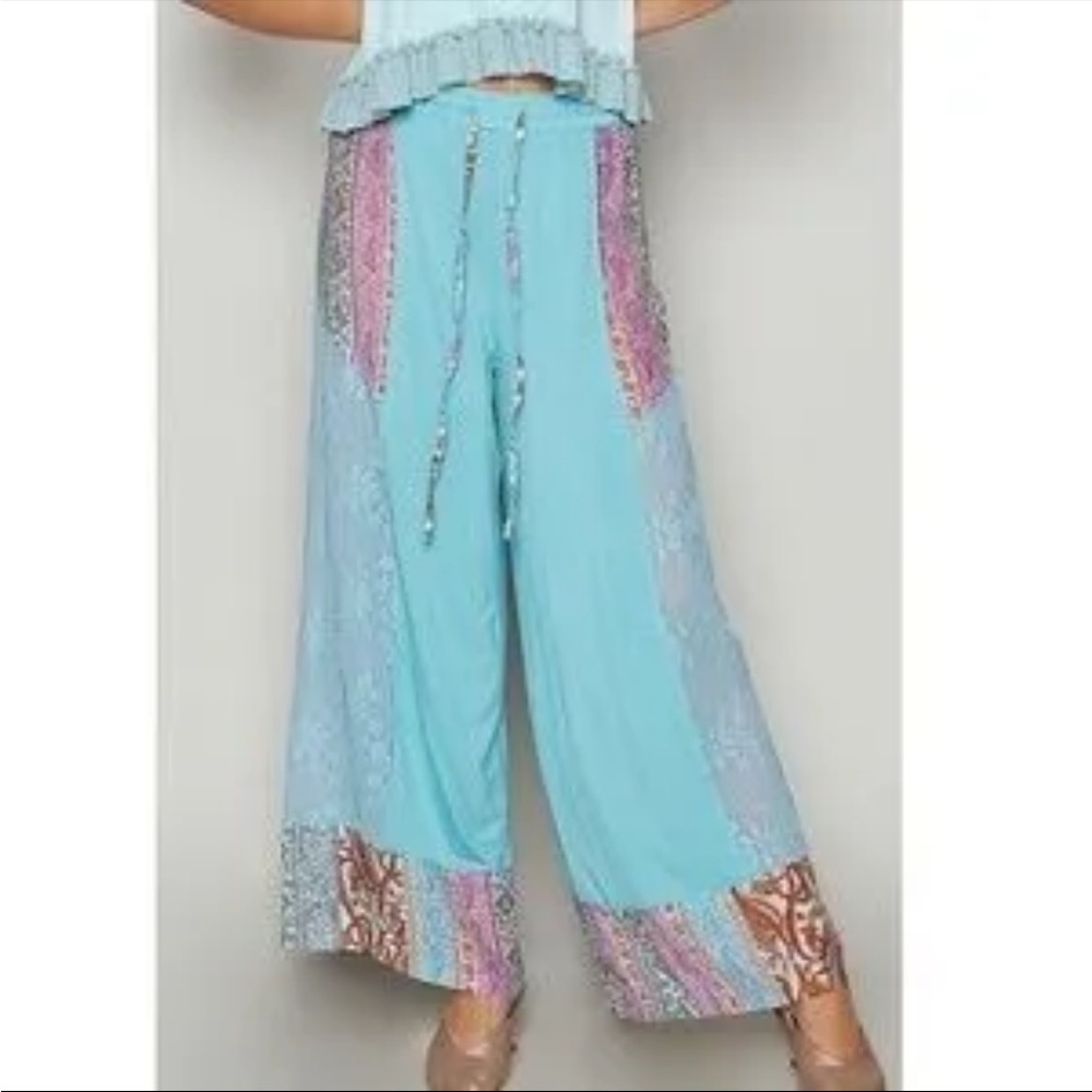 POL Multicolor Patchwork and Lace Jersey Wide Leg Pants